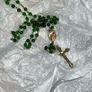 Green Glass Beads Rosary with Gold Tone Cross and Virgin Medal